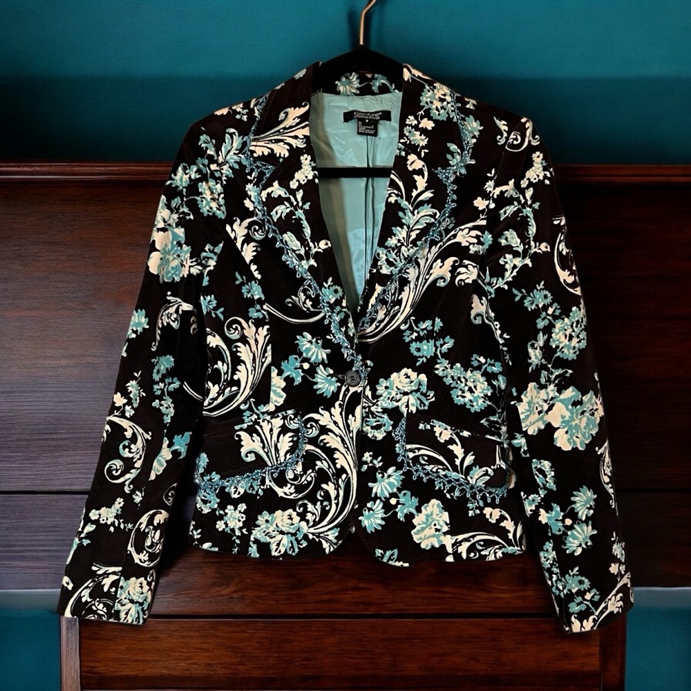 Karen Kane Women Velvet Fitted Embellished Jacket 1 Button Blazer Turquoise 8P